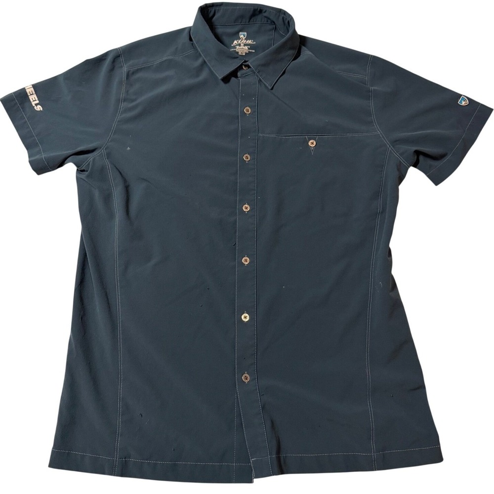 Kuhl Tufflex Mens Medium Blue Short Sleeve Button Down Hiking Shirt Graphic Back